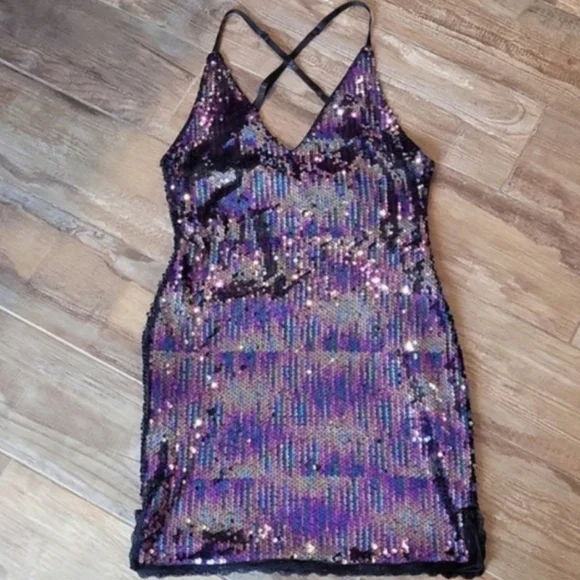 Sequin Lace Trim Strappy Back Lined Mini Dress, XS - Picture 1 of 12